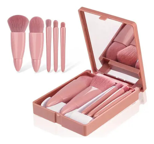Kit Pincel Maquiagem Bolsa Estojo E Espelho Cerdas Macias Cor Marrom