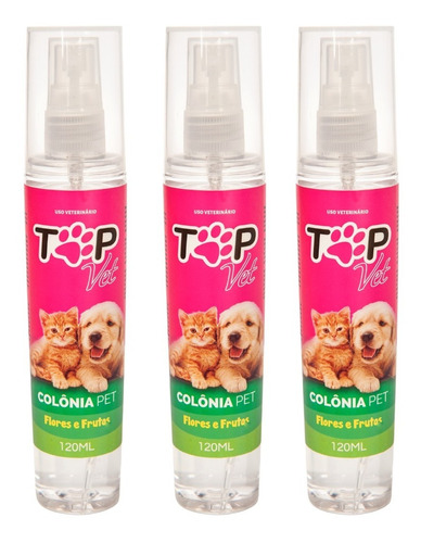 3 Colônia Para Cães E Gatos Pet Pêlo Perfumado Top Vet 120ml Fragrância Flores E Frutos