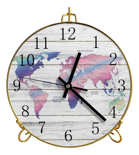 Reloj De Pared Silencioso De Madera Con Mapa Mundial 24 Cm