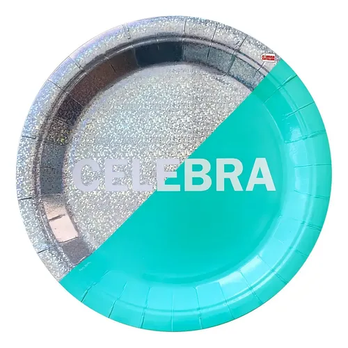 Platos Descartables Party Celebra Holográfico Verde Plateado X6