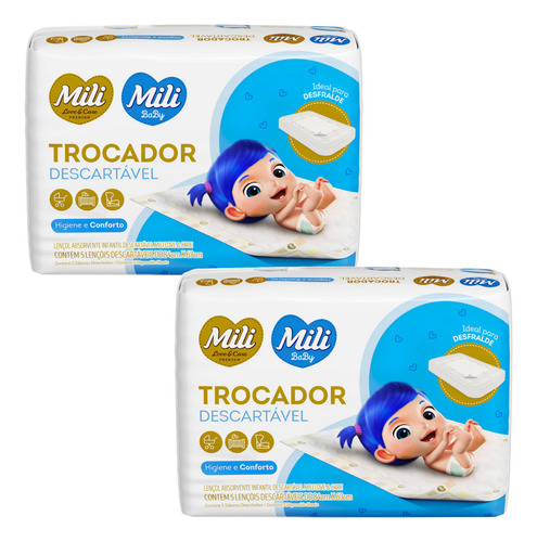Kit Trocador Lençol Descartável Mili 84x63cm Com 10 Unidades