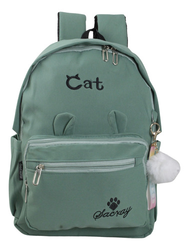 Mochila Feminina Casual Cat Tecido Macio Grande Cor Verde Desenho do tecido Liso