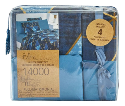 Sábanas Melisa Bamboo 14000 Matrimonial Juego 6pzs Azul Marino Rayas