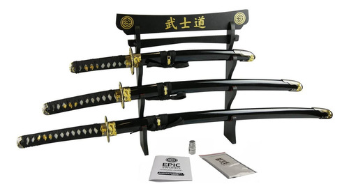 Katanas Juego Set X3 Negras De Exhibición Con Soporte