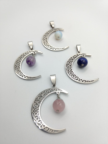 Set 4 Dijes Luna Con Piedra Natural Acero Quirurgico 316l