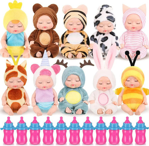 Mini Muñecas Renacidas De 11cm Muñeca Realista Bebés Reborn Realista Juguetes Lindo Regalo 10 mini muñecas para bebé 11cm y 10 biberones