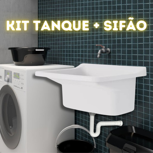 Kit Tanque Plástico Branco 28 Litros Lavanderia Com Sifão