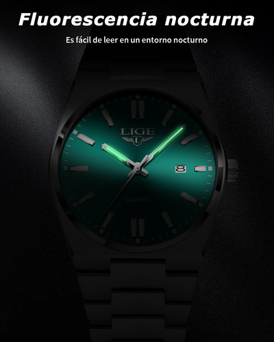 Reloj De Cuarzo Hombre Analógico Relojes Pulsera Moda Watch Correa Plateado Bisel Plateado Fondo Verde