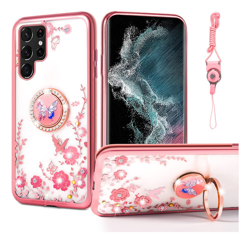 Funda Para Galaxy S22 Ultra Con Soporte Diseño Mariposa Rosa