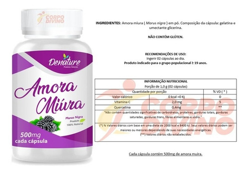 Suplemento Em Cápsulas Denature Encapsulados Amora Miura 500mg 100 Vitaminas Naturais Sabor Natural Em Pote De 200g Un
