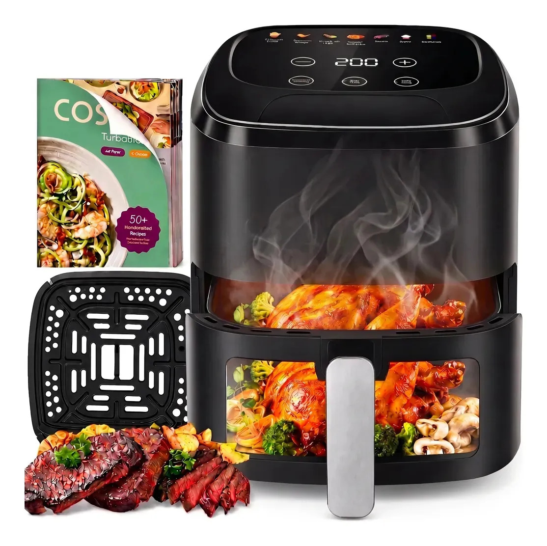 Freidora De Aire Sin Aceite 7.5L,2000W 7 Programas Multifuncional Digital Táctil, Freidora Electrica con Horno Interna Ventana Luz 360°Automáticos Circulación Air Fryer Controles d