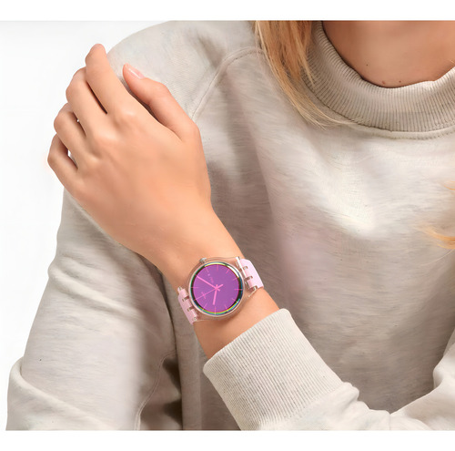 Reloj Pulsera Swatch Polarose Suok710 de Silicona Color de Correa Rosa Color de Bisel Plateado Color de Fondo Rosa