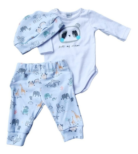 Imagen 1 de 2 de Conjunto Bebe Interlock Pantalon /body/gorro Est. Animalitos