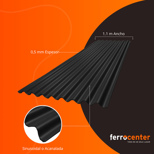 Chapa Acanalada Prepintada Color Negro De 1,10 M X 3,50 M