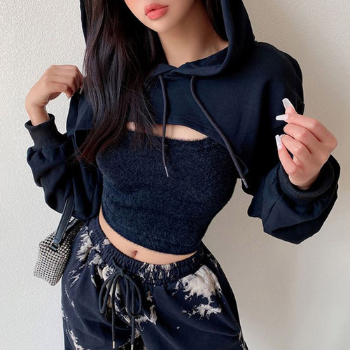 (w-m) Sudadera Con Capucha Corta De Manga Larga Aesthetic Pu