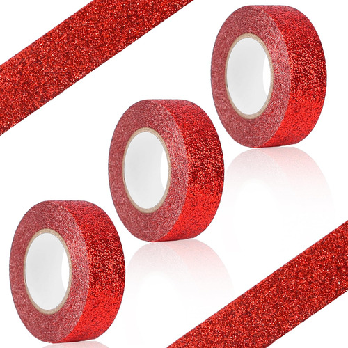 3 Rollos De Cinta Pegamento (ancho 15mm) Rojo Con Glitter 