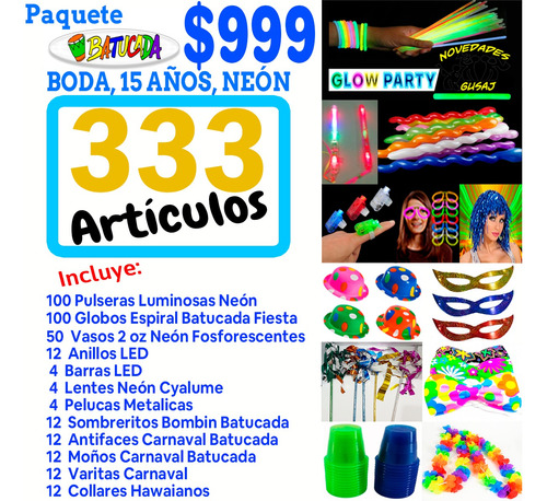 Paquete Fiesta Boda Party Xv Años Dj Neon Led 333 Artículos