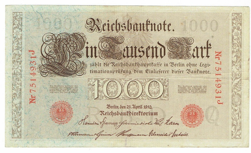 Billete De Alemania, 1000 Marcos, 1910, Sello Rojo. Jp