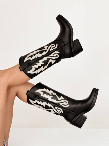 Botas Texanas Mujer Cuero Caña Media Taco Foliado Malaga