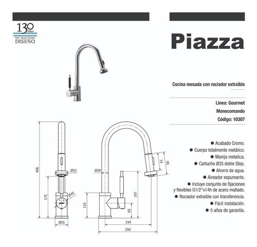 Griferia Monocomando Cocina Gourmet 4007 Hydros Rociador Ext