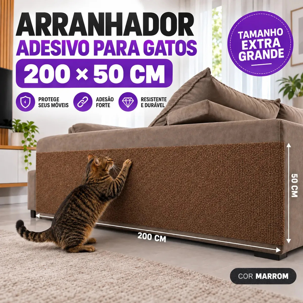 Arranhador Adesivo Para Gato 200x50cm Protetor Sofa Cama Box Parede Horizontal Vertical Lateral Quina Canto Marrom