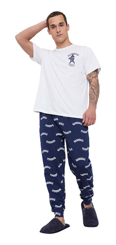 Pijama Hombre Largo Print Baseball Azul Corona