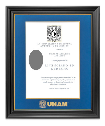 Marco Para Titulo Unam 40x50 Azul/ Filo Oro Negro/ Filo Oro