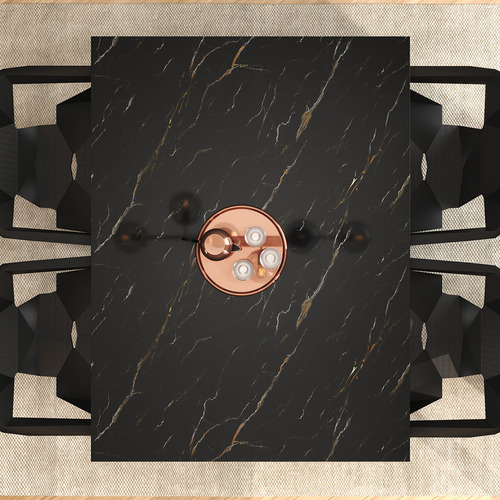 Conjunto De Jantar Industrial Com Mesa 120x90cm Tampo Mármore Preto E 4 Cadeiras Pretas Geométricas