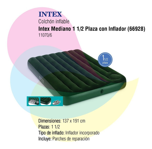 Imagen 2 de 8 de Colchón Inflable Intex Mediano 1 1/2 Plaza 66928
