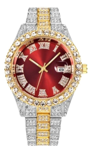 Relógio Cravejado Ice Cor Gold Fundo Vermelho Estilo E Moda 