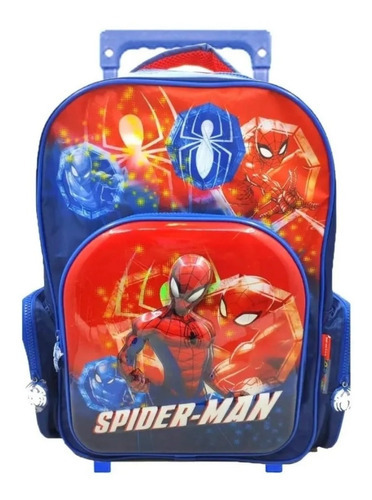 Mochila Con Carro Grande 16puLG Hombre Araña Sipderman Orig Color Azul Con Rojo