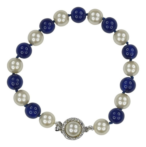 Pulsera Para Mujer Con Perla De Mallorca Bicolor Azul/banco