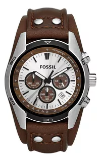 Reloj de pulsera Fossil Coachman de cuerpo color plateado, analógico, para hombre, fondo beige, con correa de cuero color marrón, agujas color blanco y negro, dial negro, subesferas color marrón y neg