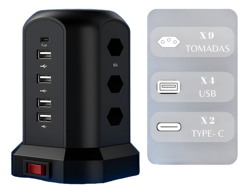 Extensão Tomada De Torre 9tomadas 4usb 2type-c Coibeu Preto
