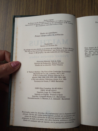 Primer Ensayo Sobre La Poblacion/ Robert Malthus /altaya