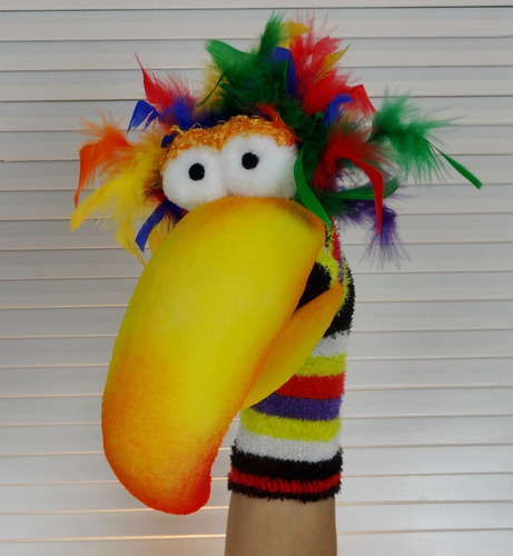 Títere Pajaro Colorín. Sock Puppet. Calcetín Pelo De Pluma.