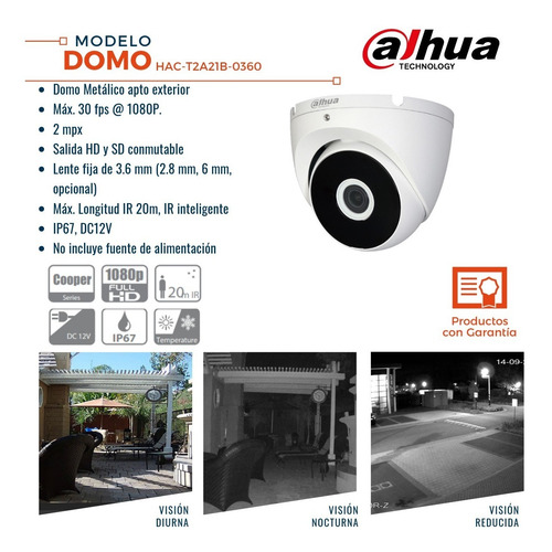 Imagen 2 de 8 de Camara Domo Dahua Cooper Domo Full Hd 1080p 2mpx Ir 20 Mts Apto Exterior Lente 3.6mm - Camara Para Dvr