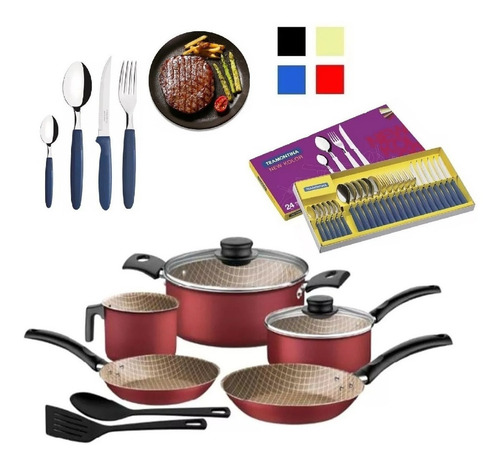 Imagen 2 de 9 de Juego Bateria Cocina Tramontina 9 Piezas + Cubiertos 24 Pzas