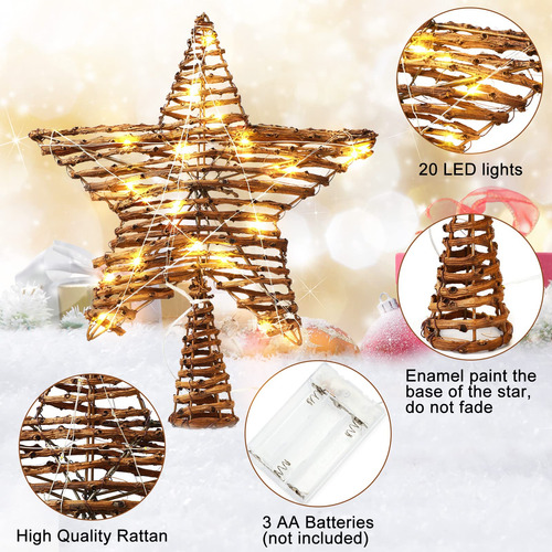 Christmas Rattan Star Treetop Threan 35 Cm Com 20 Luzes Quen