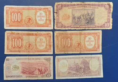 Lote De 6 Billetes Chilenos Dañados, Circulados