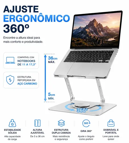 Suporte De Mesa Metal Para Notebook E Macbook Gira 360° Grau