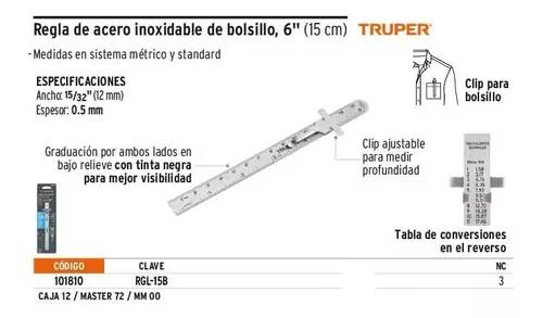 Regla 15 cm de acero inoxidable de bolsillo, Truper, Herramientas, 101810