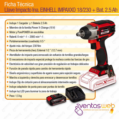 Imagen 8 de 9 de Llave De Impacto Inalambrica Einhell + Carg Bateria 18v