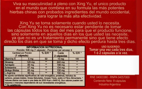 Imagen 2 de 7 de Xing Yu X 8 Caps. Potenciador Masculino Vigorizante Natural