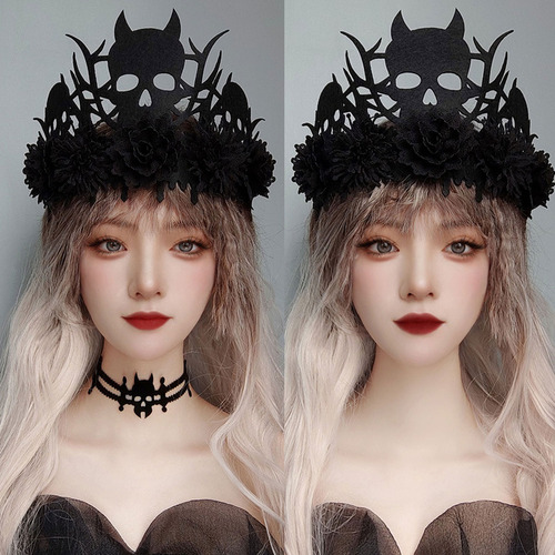 Tocado De Demonio Con Corona De Flores Negras, Diseño De Dea