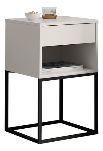 Mesa De Cabeceira Industrial Base De Aço 1 Gaveta E Nicho Acabamento Brilhante Cor Off White/pé Preto