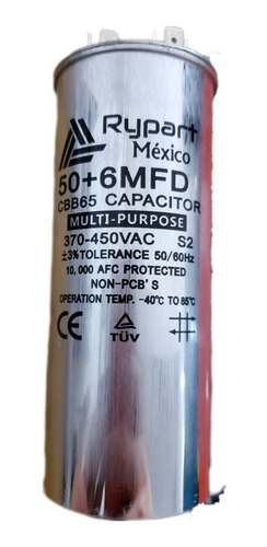 Capacitor De Trabajo Dual 50+6 Mfd 370-450vac 50/60hz ±3