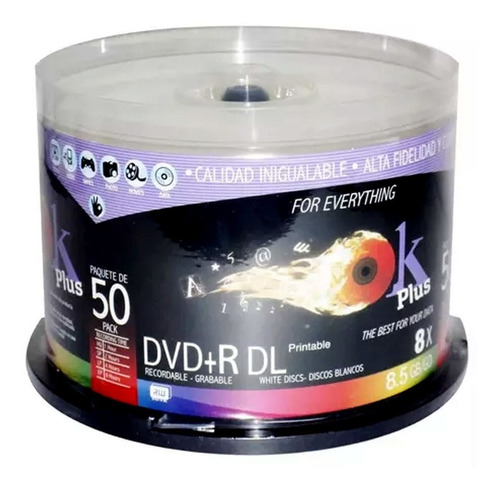 Dvd Doble Capa  Dual Layer Ok Plus 8.5 Gb Paq. 50 Unidades
