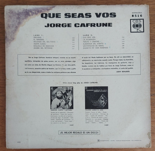 Lp Vinilo - Que Seas Vos Jorge Cafrune. (Usado)