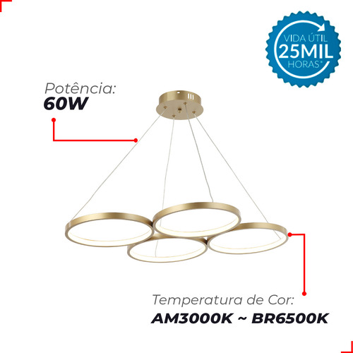 Lustre Pendente 60w 3 Em 1 Led Mariana 3000k/6500k Dourado 127/220V